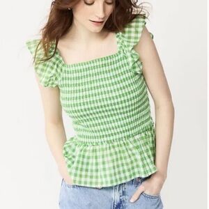 James Draper Gingham Smocked Top green white